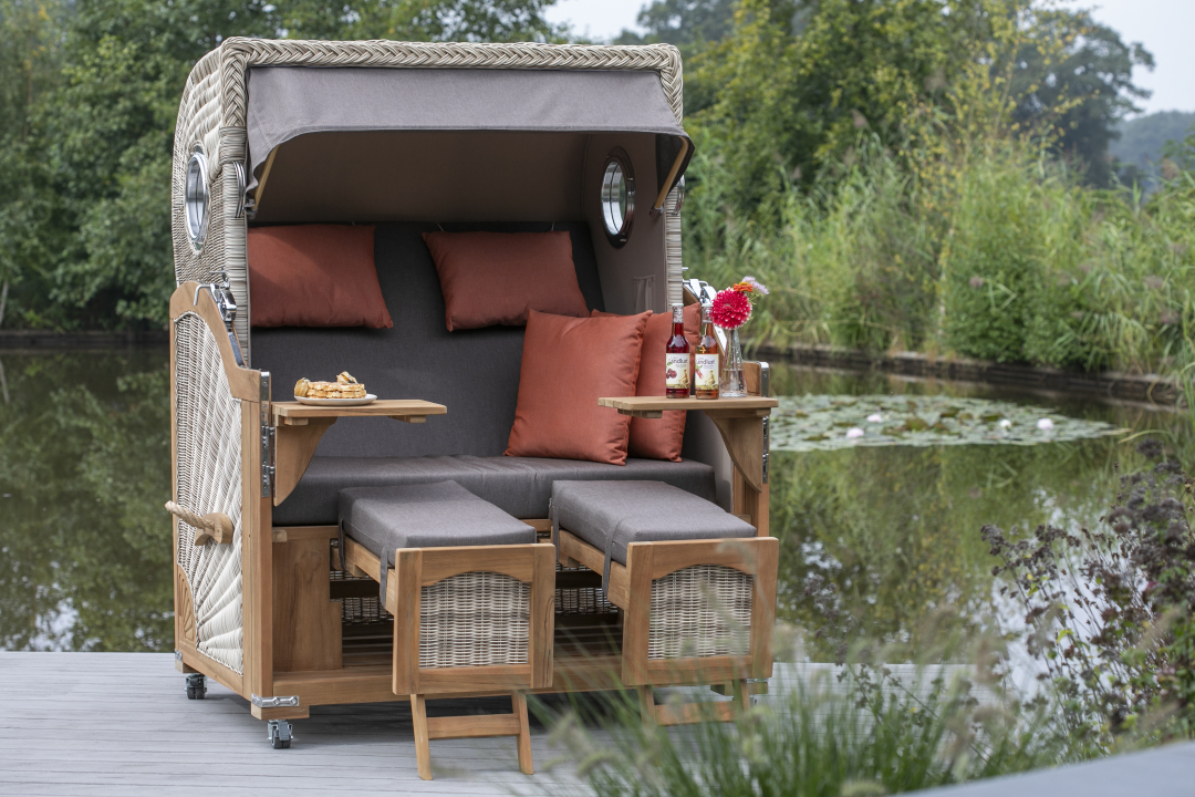 Strandkorb Rantum Grande Bullauge Teak PE Shell Dessin 593 Grau